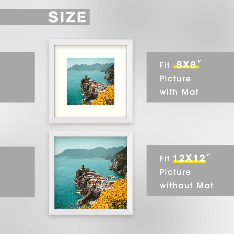 Frametory 12x12 White Picture Frame, Display Pictures 8x8 with Mat or 12 by 12 Without Mat, Square Wall Frame for Print and Diamond Painting - Wide Molding (12x12, White) - Image 3